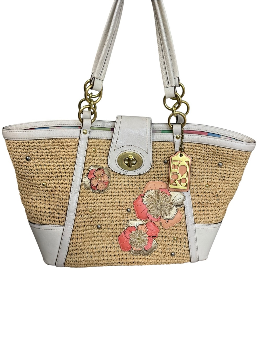 Coach Hamptons Weekend Straw Tote Bag Legacy Interior